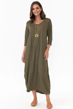 Cotton Dresses<Cotton Village Ellis Khaki Crinkle Cotton Tie Dress