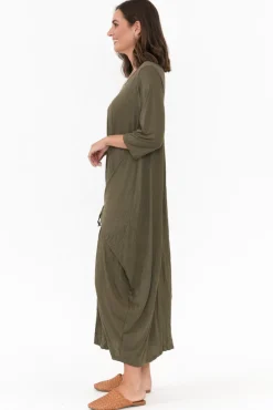 Cotton Dresses<Cotton Village Ellis Khaki Crinkle Cotton Tie Dress