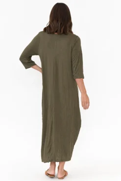 Cotton Dresses<Cotton Village Ellis Khaki Crinkle Cotton Tie Dress