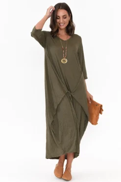 Cotton Dresses<Cotton Village Ellis Khaki Crinkle Cotton Tie Dress