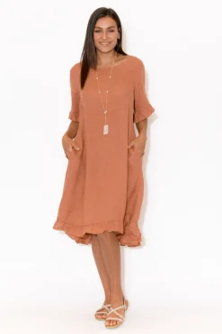 Linen Dresses<Cali and Co Elodie Coral Linen Frill Dress