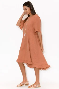 Linen Dresses<Cali and Co Elodie Coral Linen Frill Dress