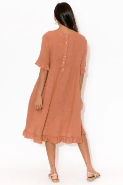 Linen Dresses<Cali and Co Elodie Coral Linen Frill Dress