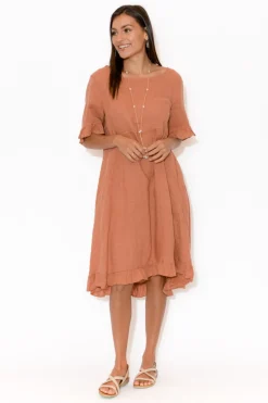 Linen Dresses<Cali and Co Elodie Coral Linen Frill Dress