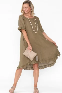 Above Knee Dresses<Cali and Co Elodie Khaki Linen Frill Dress