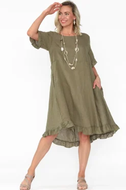 Above Knee Dresses<Cali and Co Elodie Khaki Linen Frill Dress