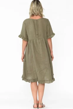 Above Knee Dresses<Cali and Co Elodie Khaki Linen Frill Dress