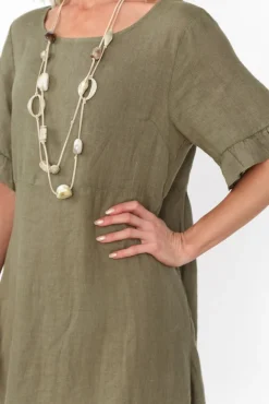 Above Knee Dresses<Cali and Co Elodie Khaki Linen Frill Dress