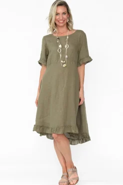 Above Knee Dresses<Cali and Co Elodie Khaki Linen Frill Dress