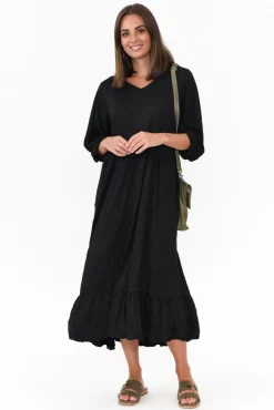 Cotton Dresses<Cotton Village Elora Black Crinkle Cotton Tiered Dress