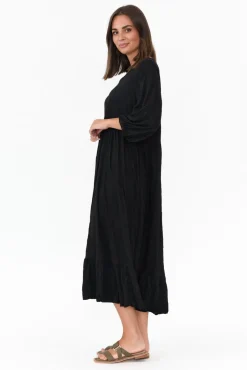 Cotton Dresses<Cotton Village Elora Black Crinkle Cotton Tiered Dress