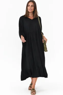 Cotton Dresses<Cotton Village Elora Black Crinkle Cotton Tiered Dress