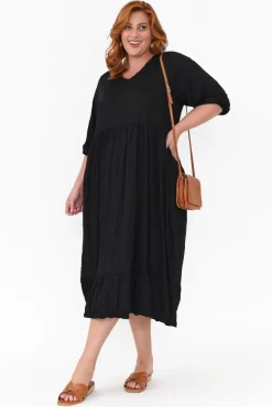 Cotton Dresses<Cotton Village Elora Black Crinkle Cotton Tiered Dress