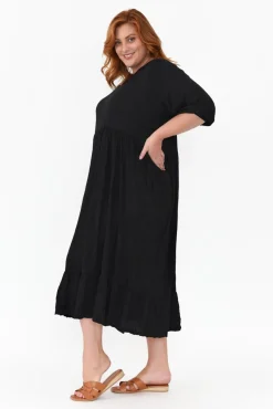 Cotton Dresses<Cotton Village Elora Black Crinkle Cotton Tiered Dress