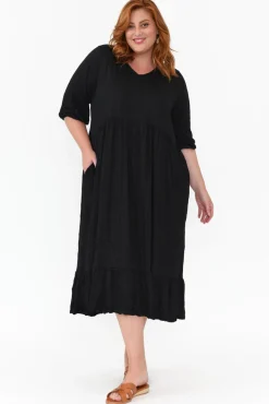 Cotton Dresses<Cotton Village Elora Black Crinkle Cotton Tiered Dress