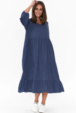 Cotton Dresses<Cotton Village Elora Navy Crinkle Cotton Tiered Dress