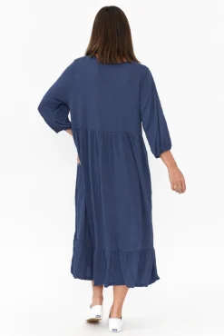 Cotton Dresses<Cotton Village Elora Navy Crinkle Cotton Tiered Dress