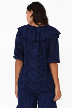 Cotton Tops<La Strada Elowen Navy Embroidered Cotton Top