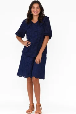 Cotton Tops<La Strada Elowen Navy Embroidered Cotton Top