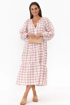 Cotton Dresses<Cali and Co Emerson Pink Gingham Cotton Tier Dress