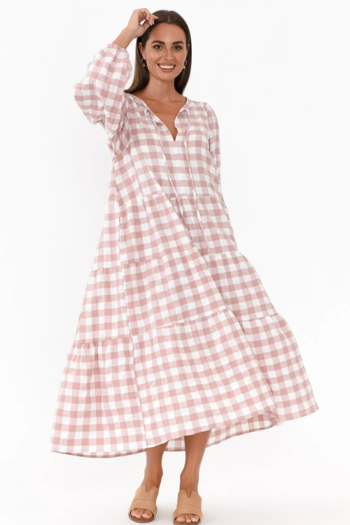Cotton Dresses<Cali and Co Emerson Pink Gingham Cotton Tier Dress