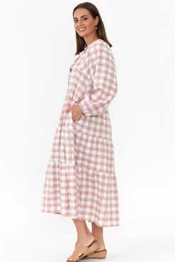 Cotton Dresses<Cali and Co Emerson Pink Gingham Cotton Tier Dress