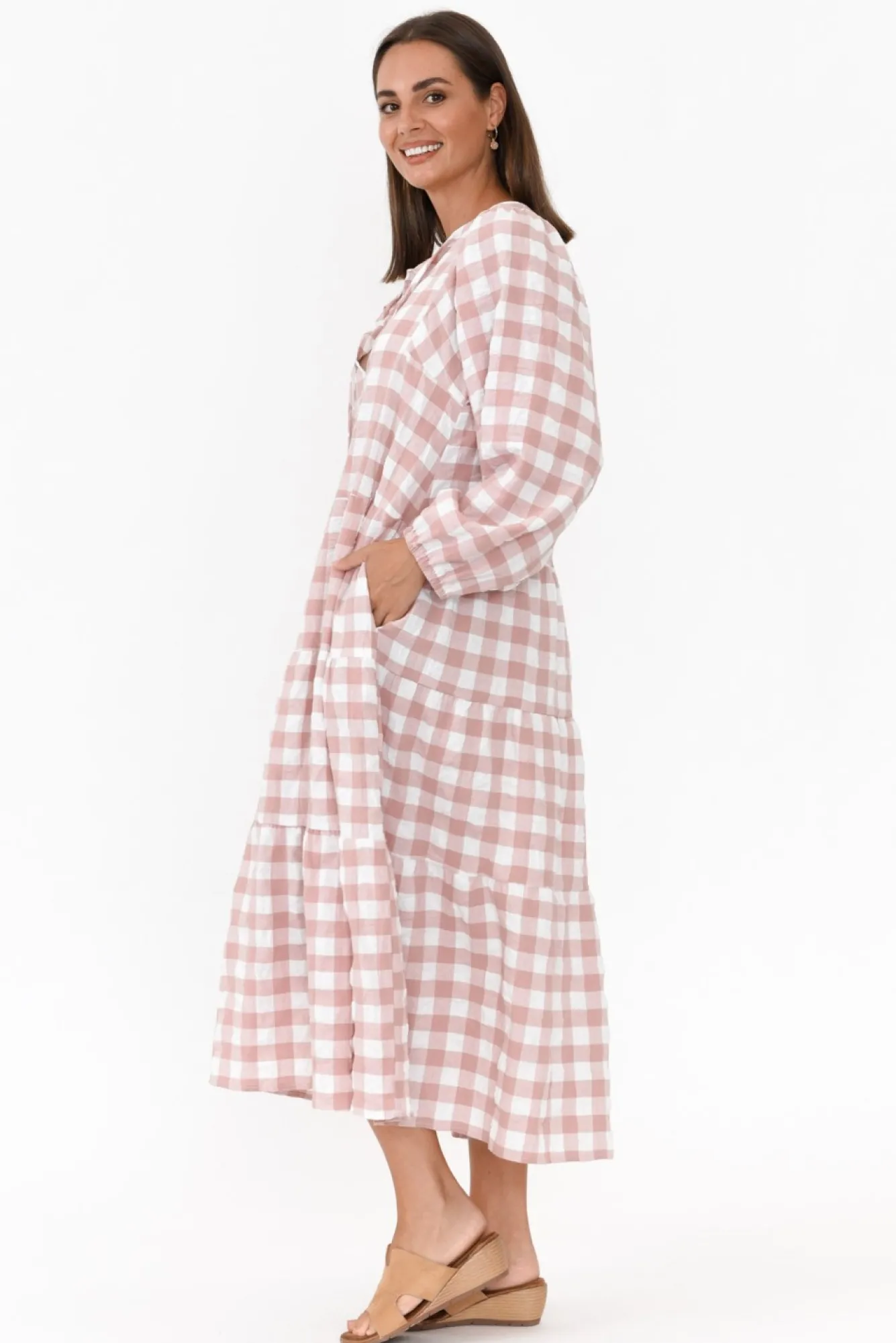 Cotton Dresses<Cali and Co Emerson Pink Gingham Cotton Tier Dress