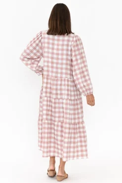Cotton Dresses<Cali and Co Emerson Pink Gingham Cotton Tier Dress
