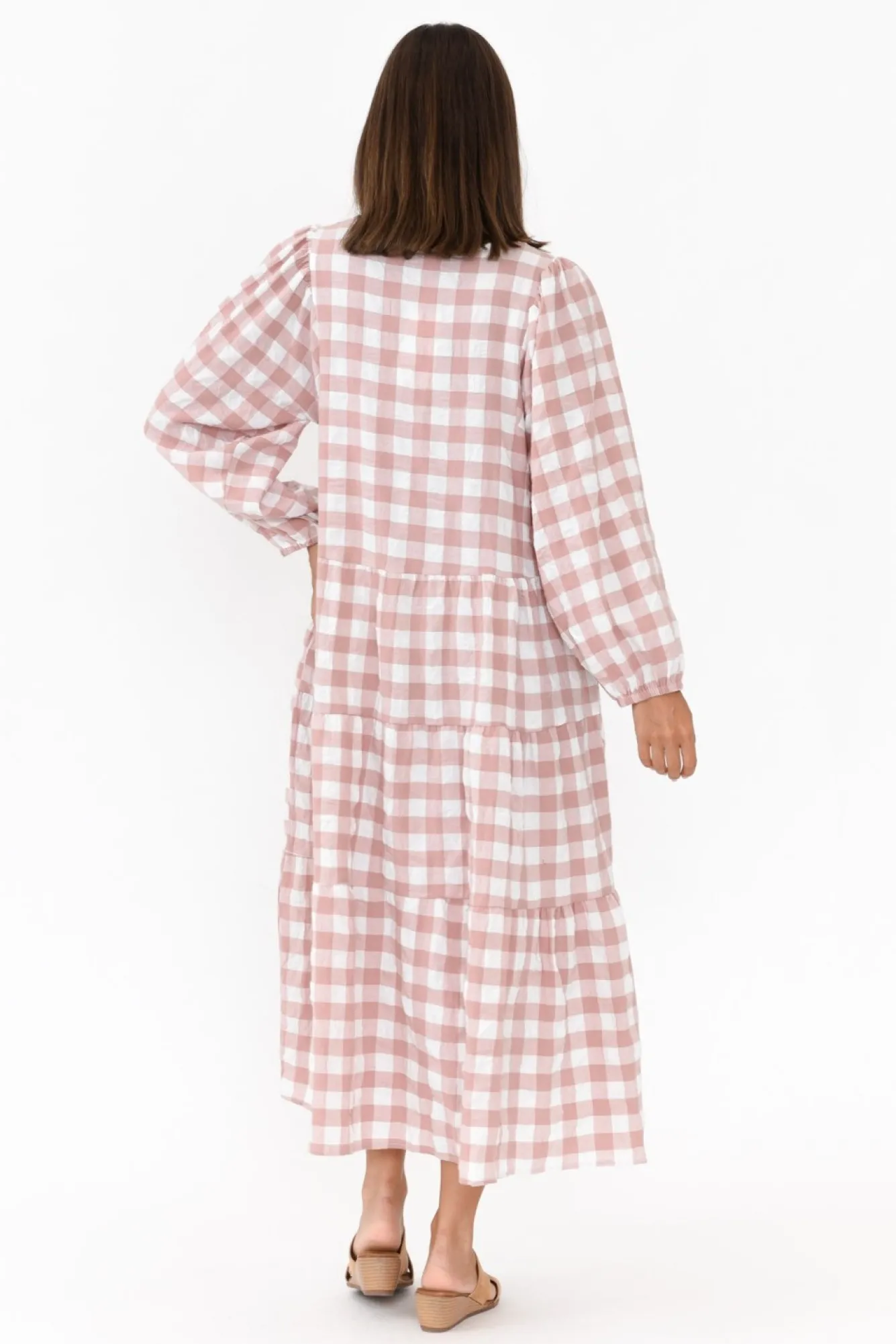 Cotton Dresses<Cali and Co Emerson Pink Gingham Cotton Tier Dress