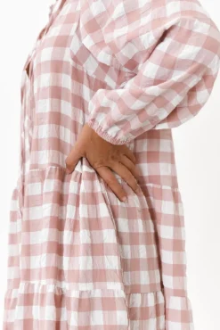 Cotton Dresses<Cali and Co Emerson Pink Gingham Cotton Tier Dress