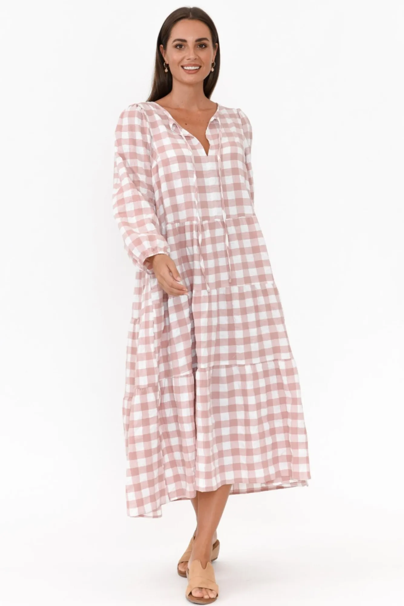 Cotton Dresses<Cali and Co Emerson Pink Gingham Cotton Tier Dress