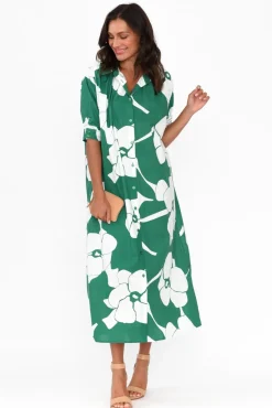 Cotton Dresses<Label Of Love Emmeline Green Flower Cotton Shirt Dress