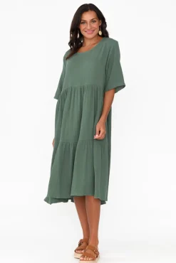Cotton Dresses<La Mode Esmerelda Khaki Cotton Tier Dress