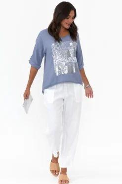 Linen Tops<La Strada Ethan Blue Foil Garden Linen Blend Tee