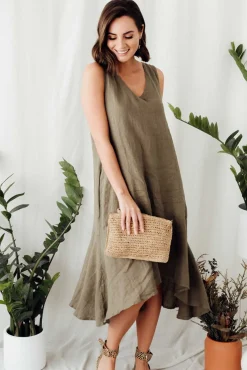 Linen Dresses<Cali and Co Ethel Khaki Linen Sleeveless Swing Dress