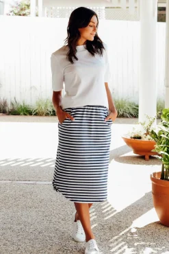 Skirts<Betty Basics Evie Navy Stripe Cotton Blend Skirt