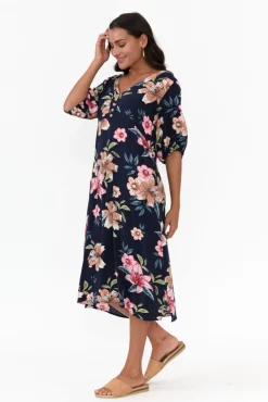 Midi Dresses<Cafe Latte Farah Navy Blossom Button Dress