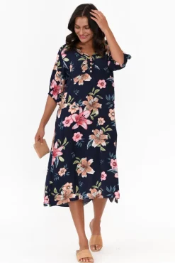 Midi Dresses<Cafe Latte Farah Navy Blossom Button Dress