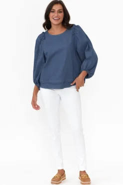 Cotton Tops<Cali and Co Ferguson Dark Blue Cotton Blend Frill Top