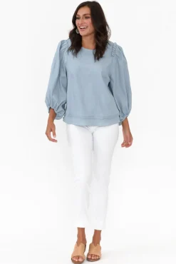 Cotton Tops<Cali and Co Ferguson Light Blue Cotton Blend Frill Top