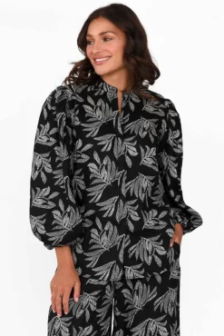 Linen Tops<Stella Gemma Finch Black Palm Linen Sleeved Blouse