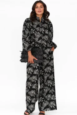 Linen Tops<Stella Gemma Finch Black Palm Linen Sleeved Blouse