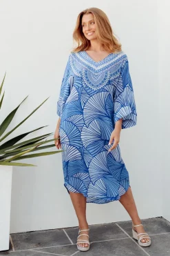 Below Knee Dresses<Inoa Fiona Blue Geometric Silk Tie Waist Dress