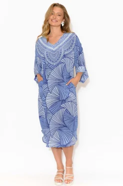 Below Knee Dresses<Inoa Fiona Blue Geometric Silk Tie Waist Dress