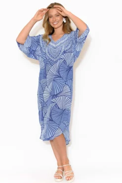 Below Knee Dresses<Inoa Fiona Blue Geometric Silk Tie Waist Dress