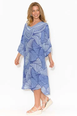 Below Knee Dresses<Inoa Fiona Blue Geometric Silk Tie Waist Dress