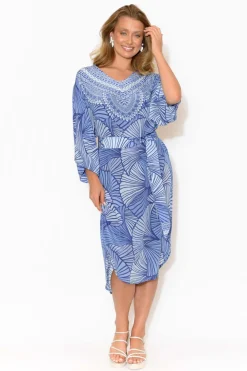 Below Knee Dresses<Inoa Fiona Blue Geometric Silk Tie Waist Dress