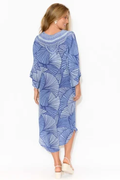 Below Knee Dresses<Inoa Fiona Blue Geometric Silk Tie Waist Dress