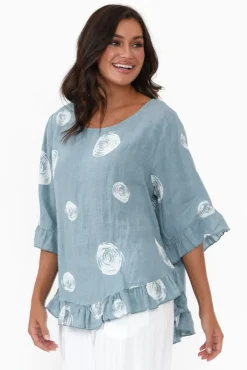 Linen Tops<Cali and Co Fitzgerald Blue Spot Linen Frill Top