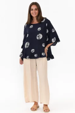 Linen Tops<Cali and Co Fitzgerald Navy Spot Linen Frill Top